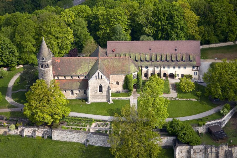 Aerial view of Lorch Monastery, church and prelature