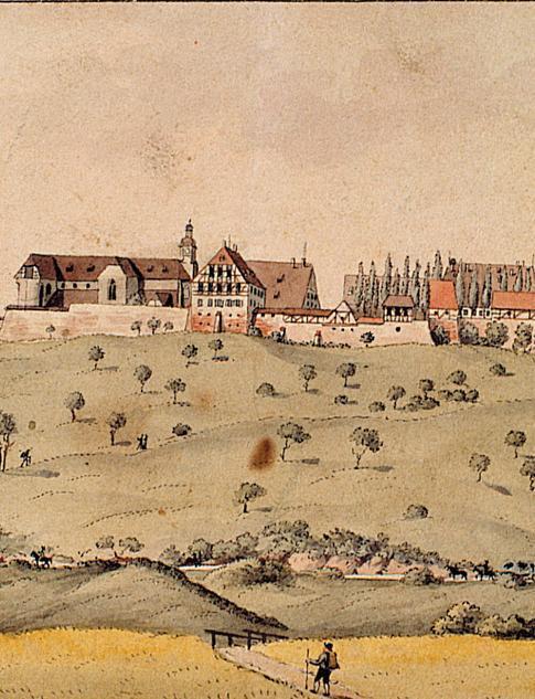 Lorch Monastery from the south, pen and ink drawing with watercolor, Johan Sebald Baumeister, 1804