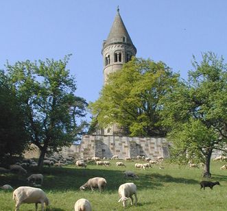 View of the Marsilius Tower in Lorch Monastery, with sheep pastures in the foreground