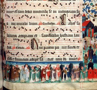 Cross procession on Corpus Christi, illustrated sheet music from the Lorch choir book