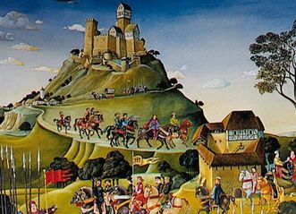 Mural of the House of Staufen in the Lorch Monastery chapter house, detail of Hohenstaufen and Wäscherschloss Castle