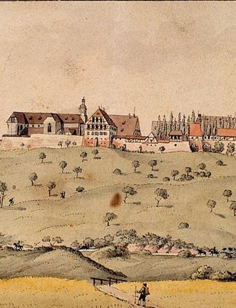 Lorch Monastery from the south, pen and ink drawing with watercolor, Johan Sebald Baumeister, 1804