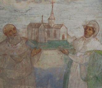 Stifterbild mit Herzog Friedrich von Schwaben und Agnes von Waiblingen, Wandbild in der Lorcher Klosterkirche