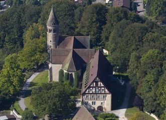 Aerial view of Lorch Monastery with church and prelature