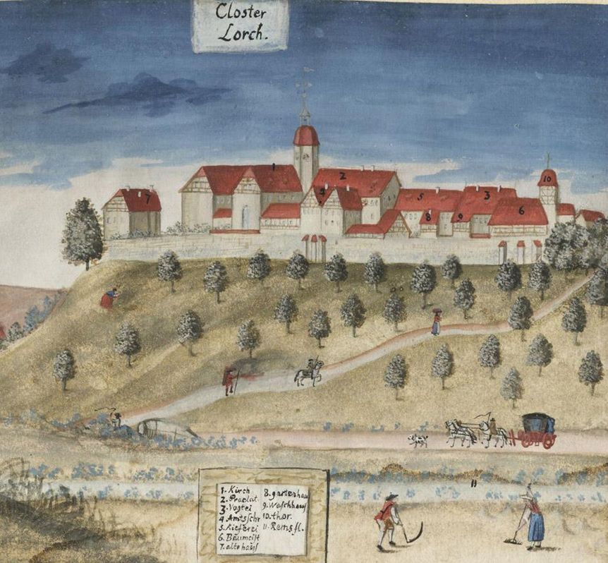 View of Lorch Monastery from the valley, watercolor
